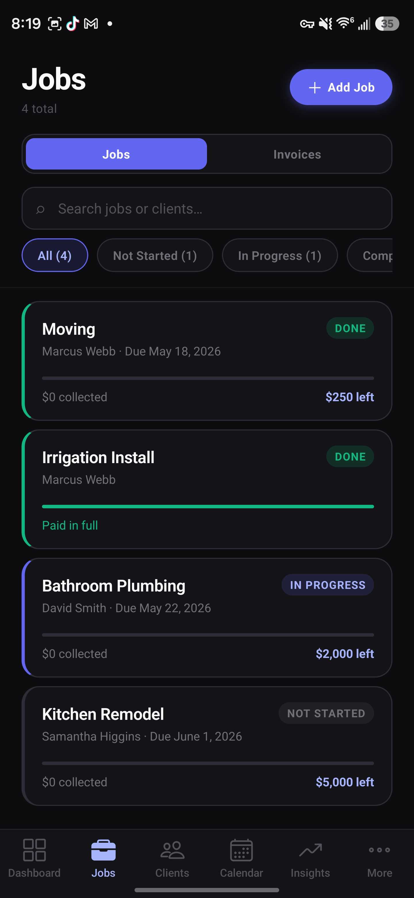 Jobs list with status and payments